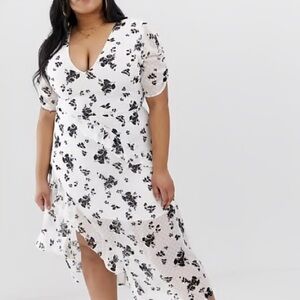 NWOT Wild Honey Whie & Black Floral Print Swiss Dot Asymmetric Ruffle Dress 3X